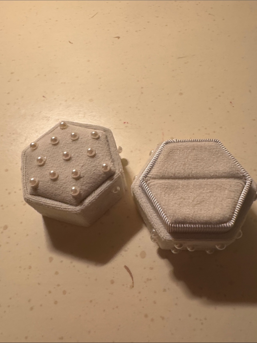 Hexagonal Velvet One Slot Ring Box with Pearl Accents